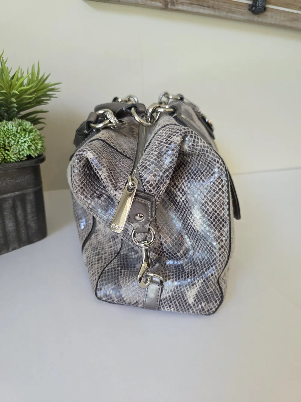 Coach Campbell  Embossed Leather Large Satchel Wallet Set Neutral Snakeskin